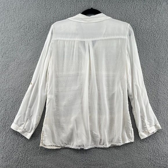 Chico’s blouse lace crochet boho rollup sleeves ivory size 1 medium - Picture 2 of 12